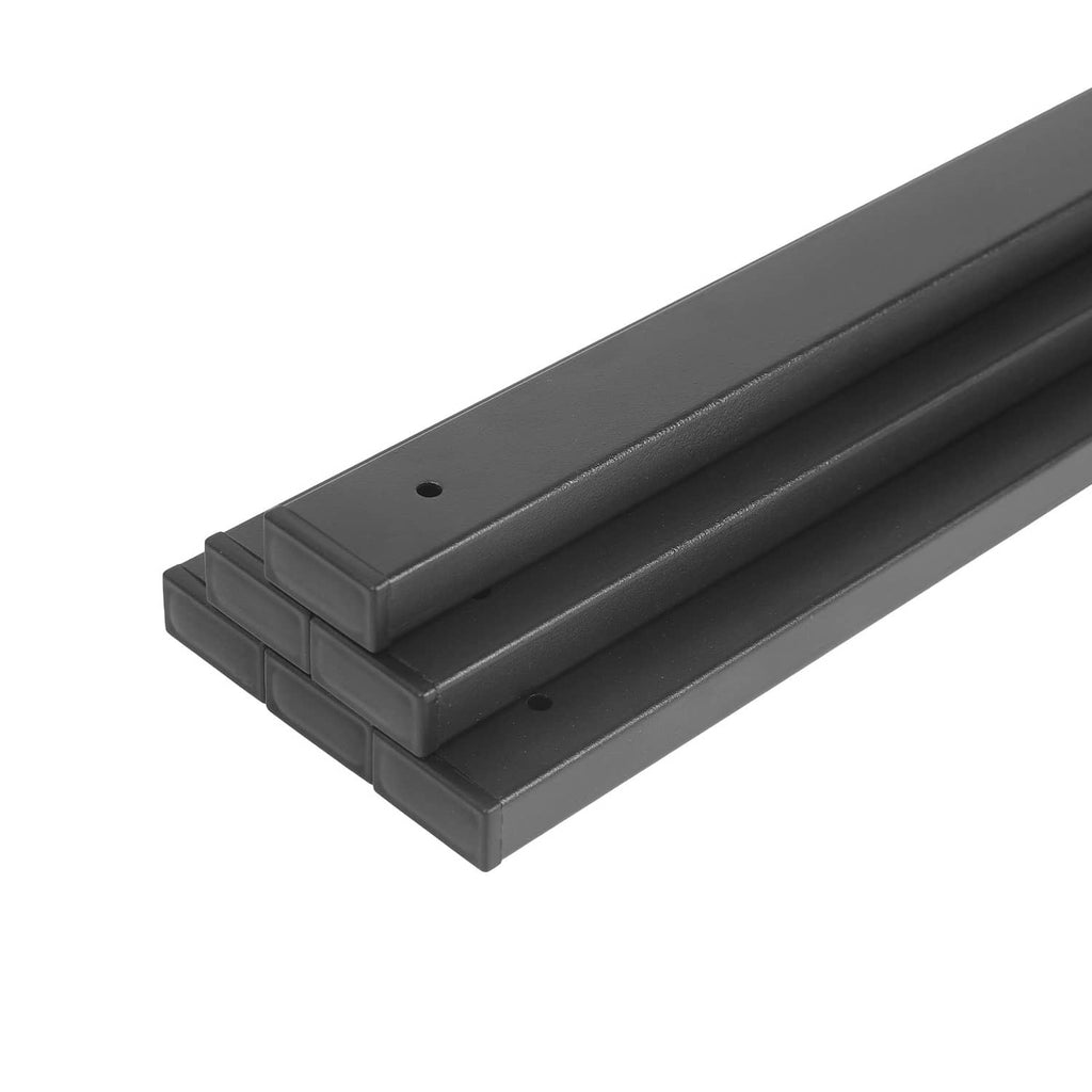 Black rectangular steel railing balusters with mounting holes, bar spindle