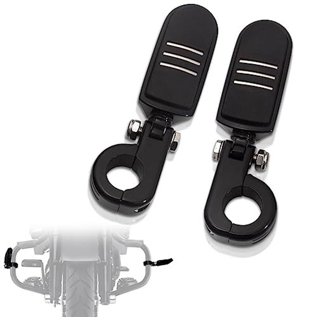 Pair of gloss black adjustable highway footrests with round P-clamp mounting bases