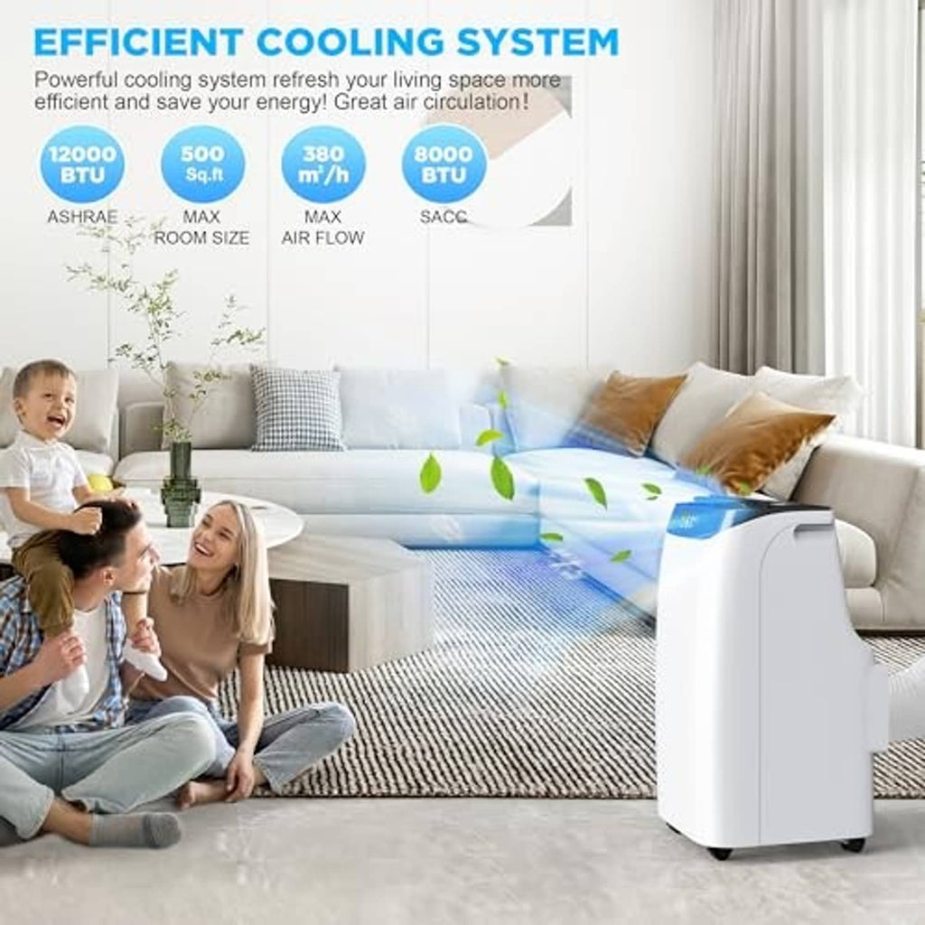 White portable air conditioner with front grille releasing cool air