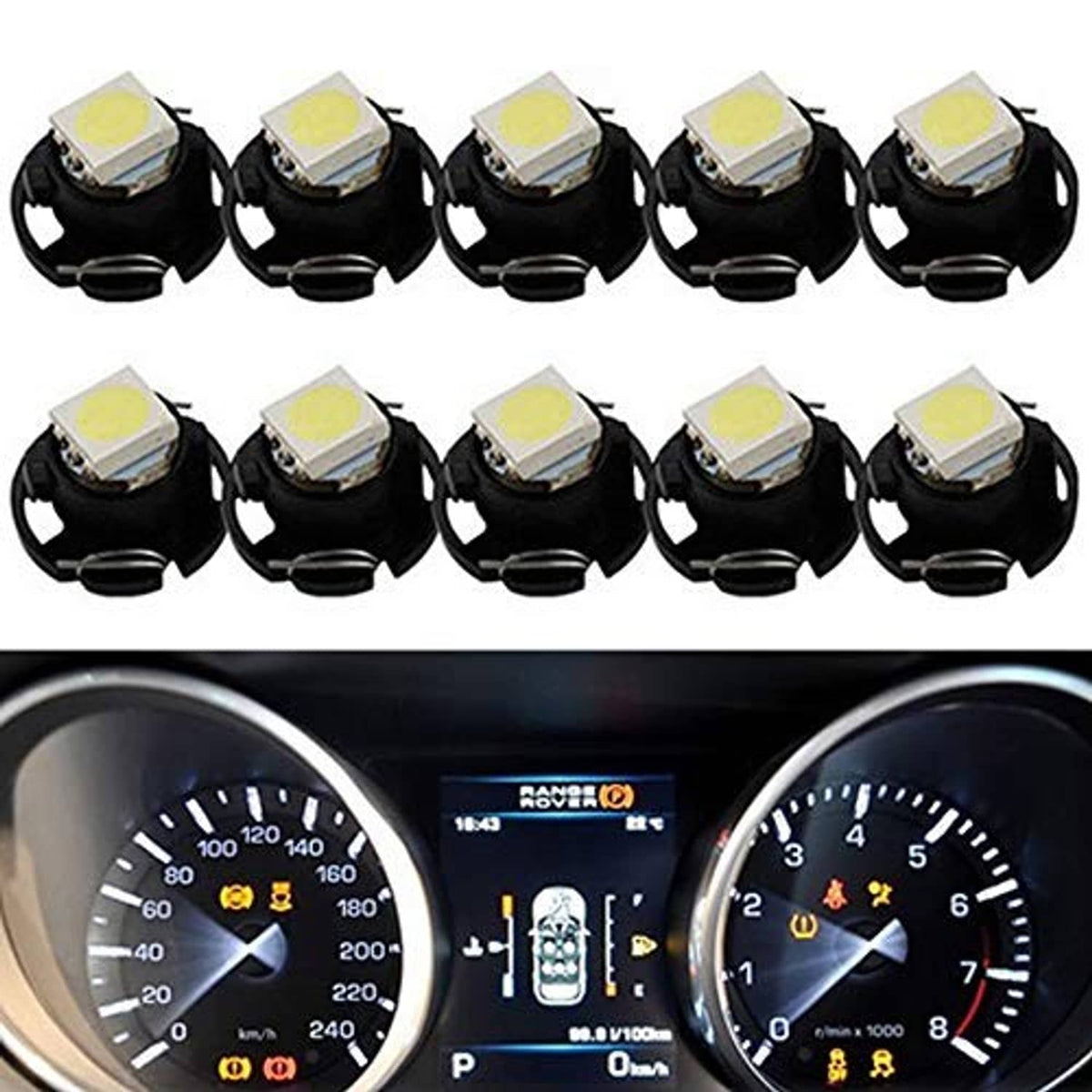 5-pack view of black-based white LED wedge bulbs for T4.7 cluster replacement