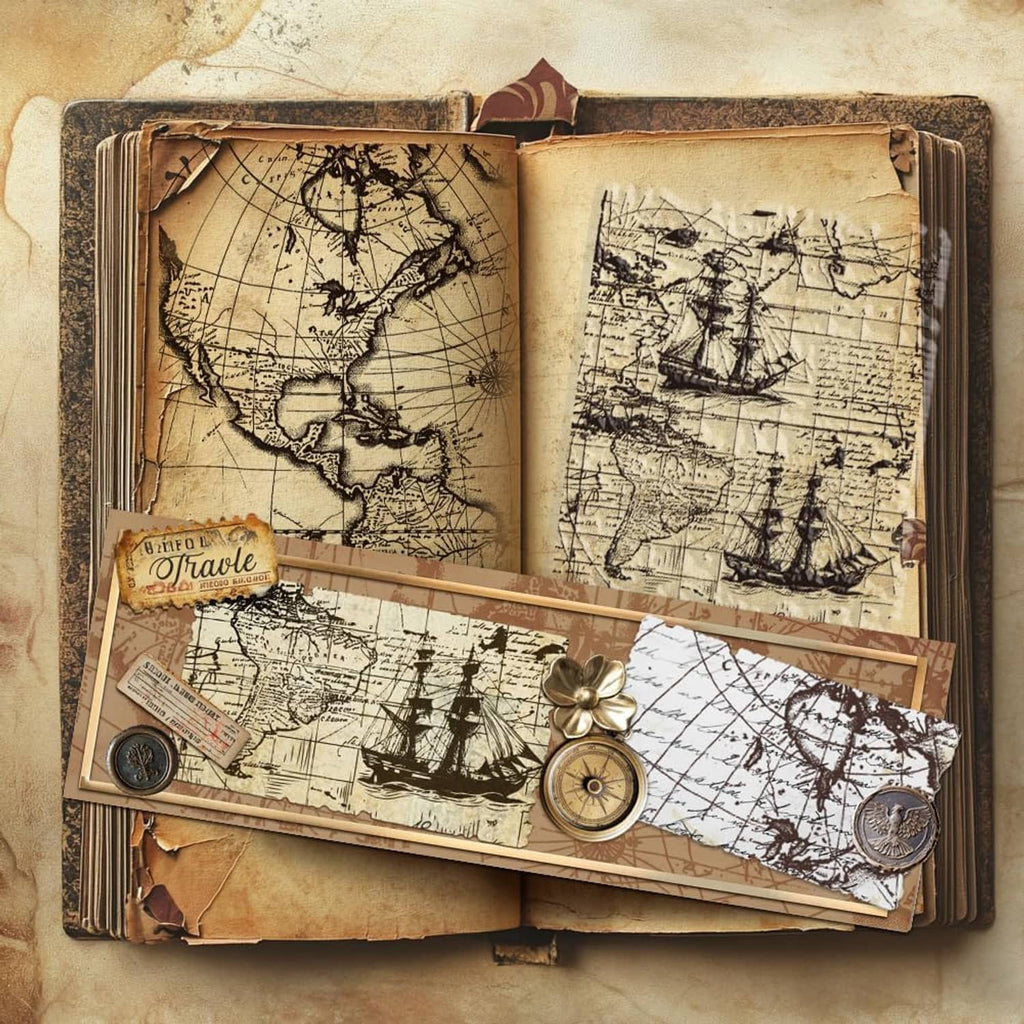 Vintage map and sailboat clear stamps shown on kraft paper with compass and coins