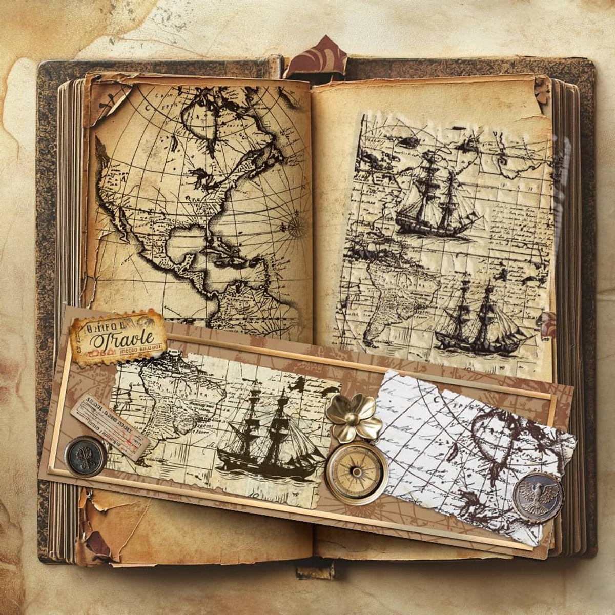 Vintage map and sailboat clear stamps shown on kraft paper with compass and coins