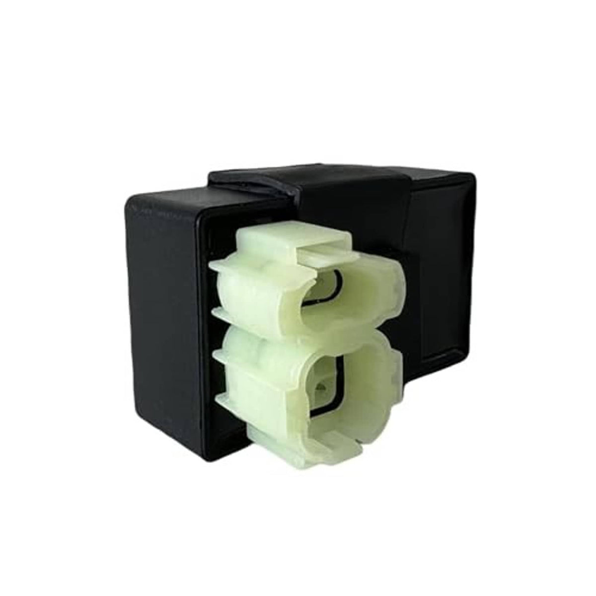 AC CDI box angled view, black housing with pale connector assembly and tab