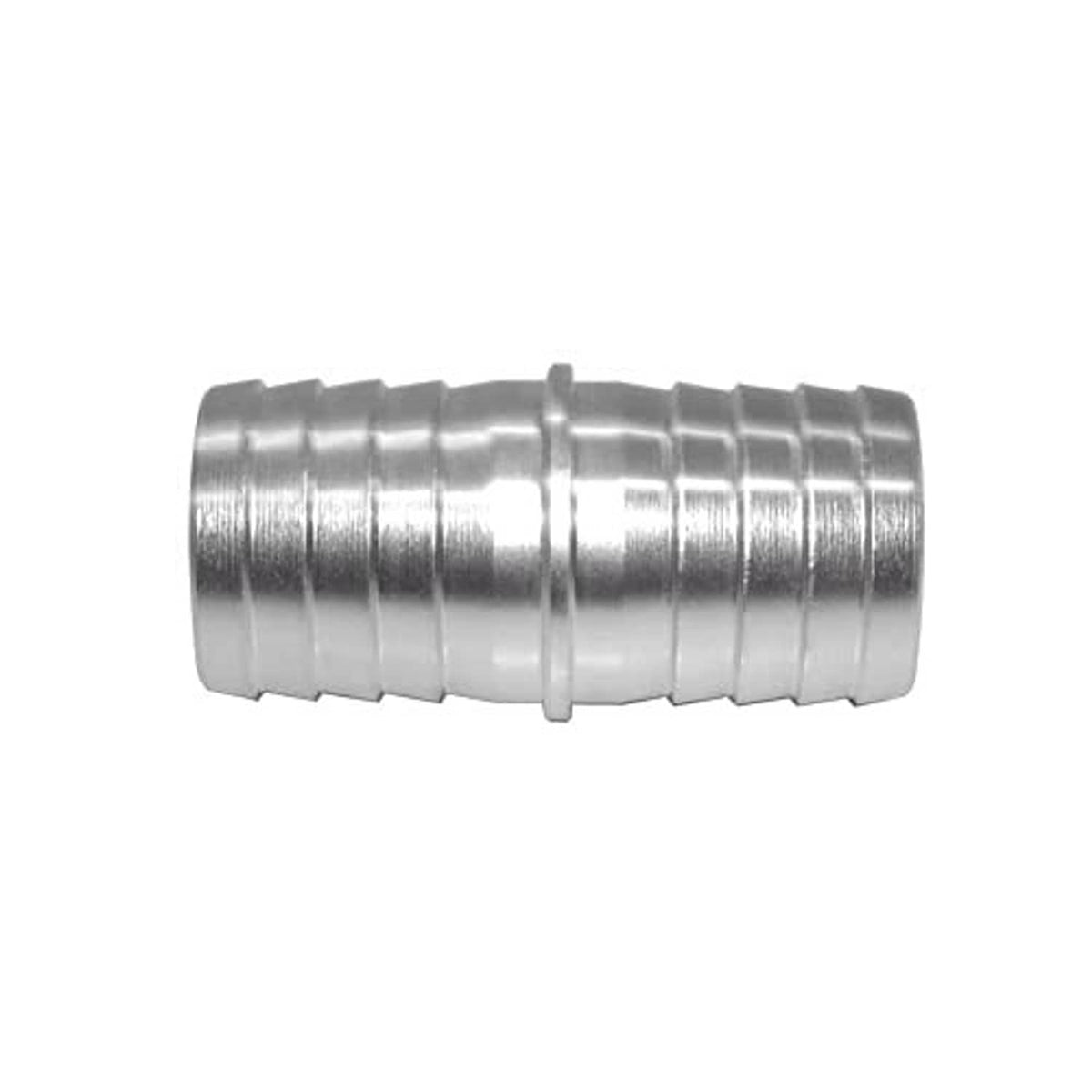 Silver ribbed hose connector sleeve with raised rings and central join