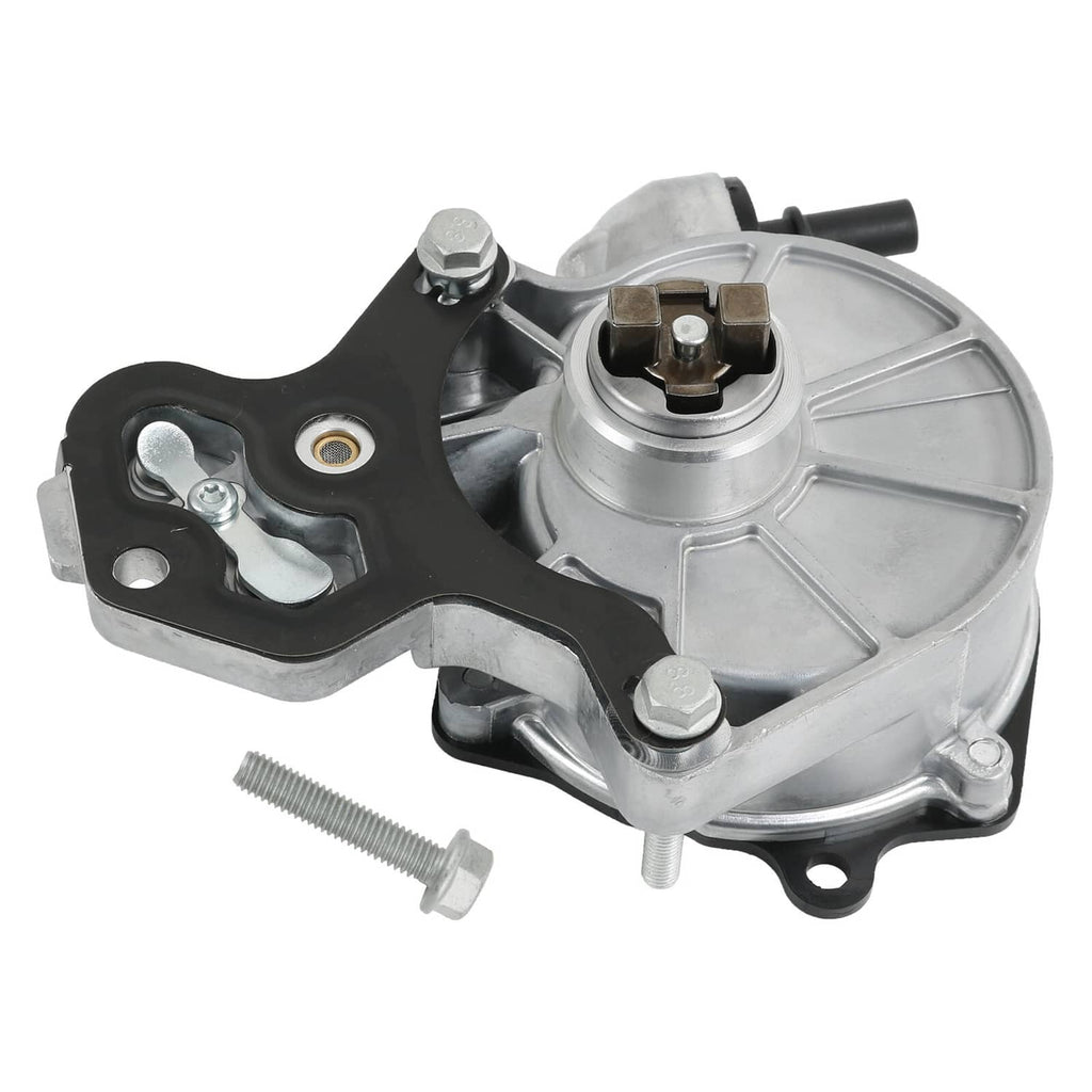Brake vacuum pump assembly with silver housing, black bracket, and mounting bolt
