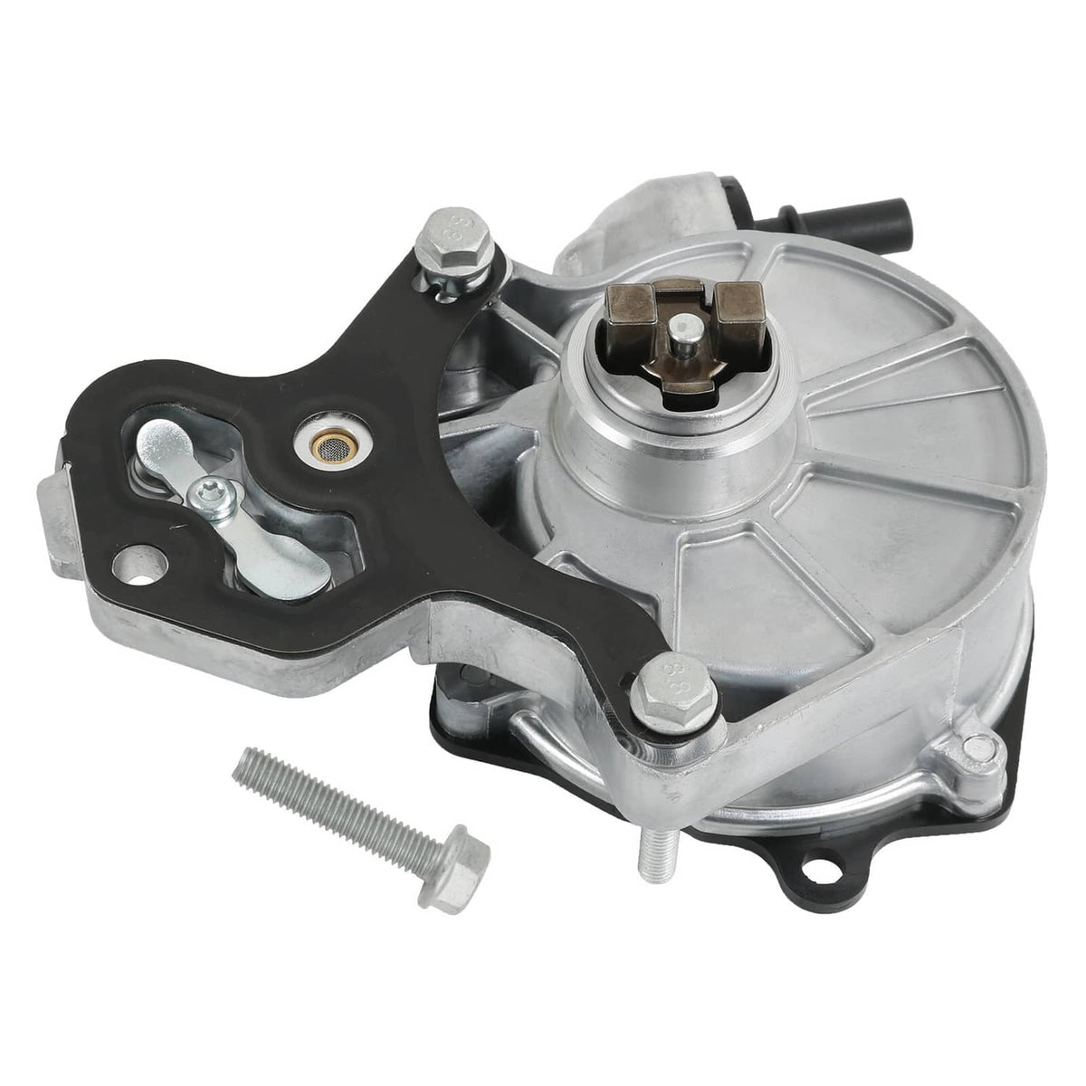 Brake vacuum pump assembly with silver housing, black bracket, and mounting bolt