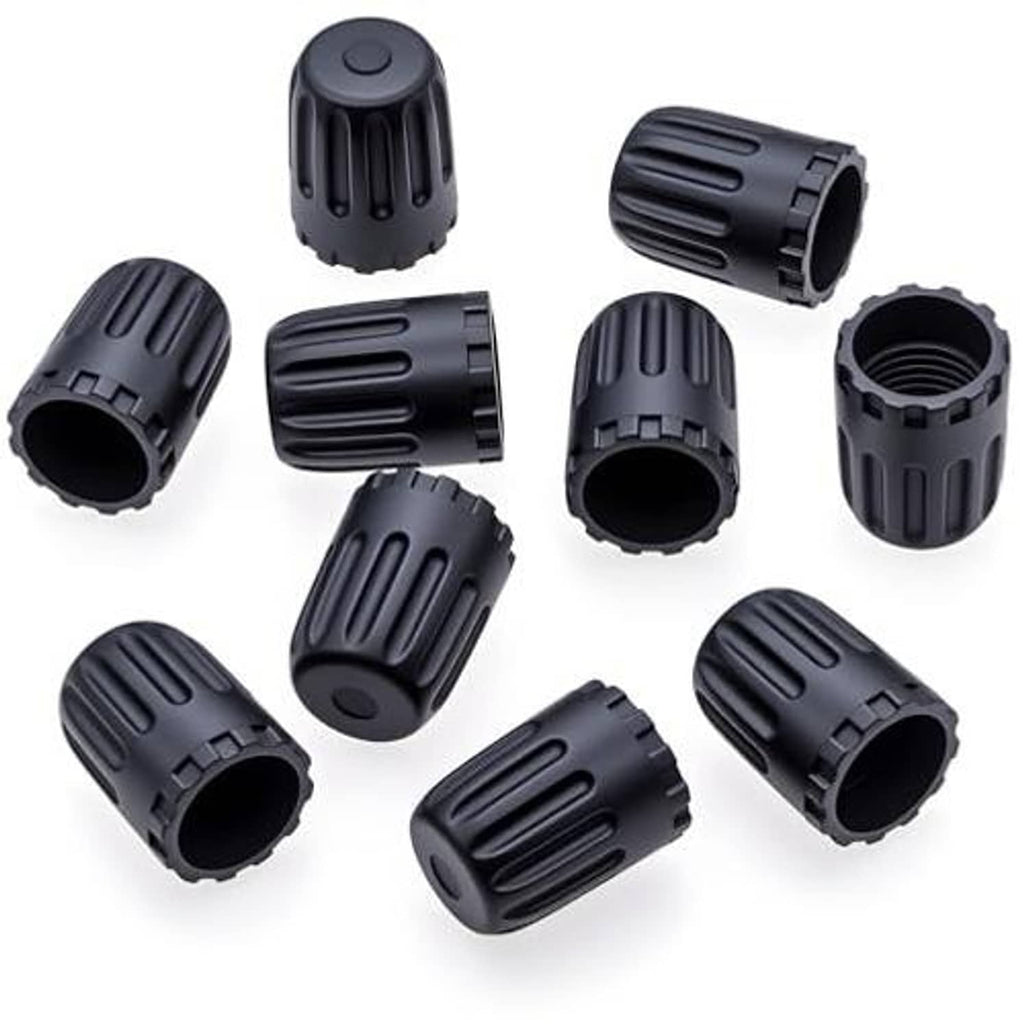Assorted view of 10 black ribbed plastic tire valve stem caps for TPMS