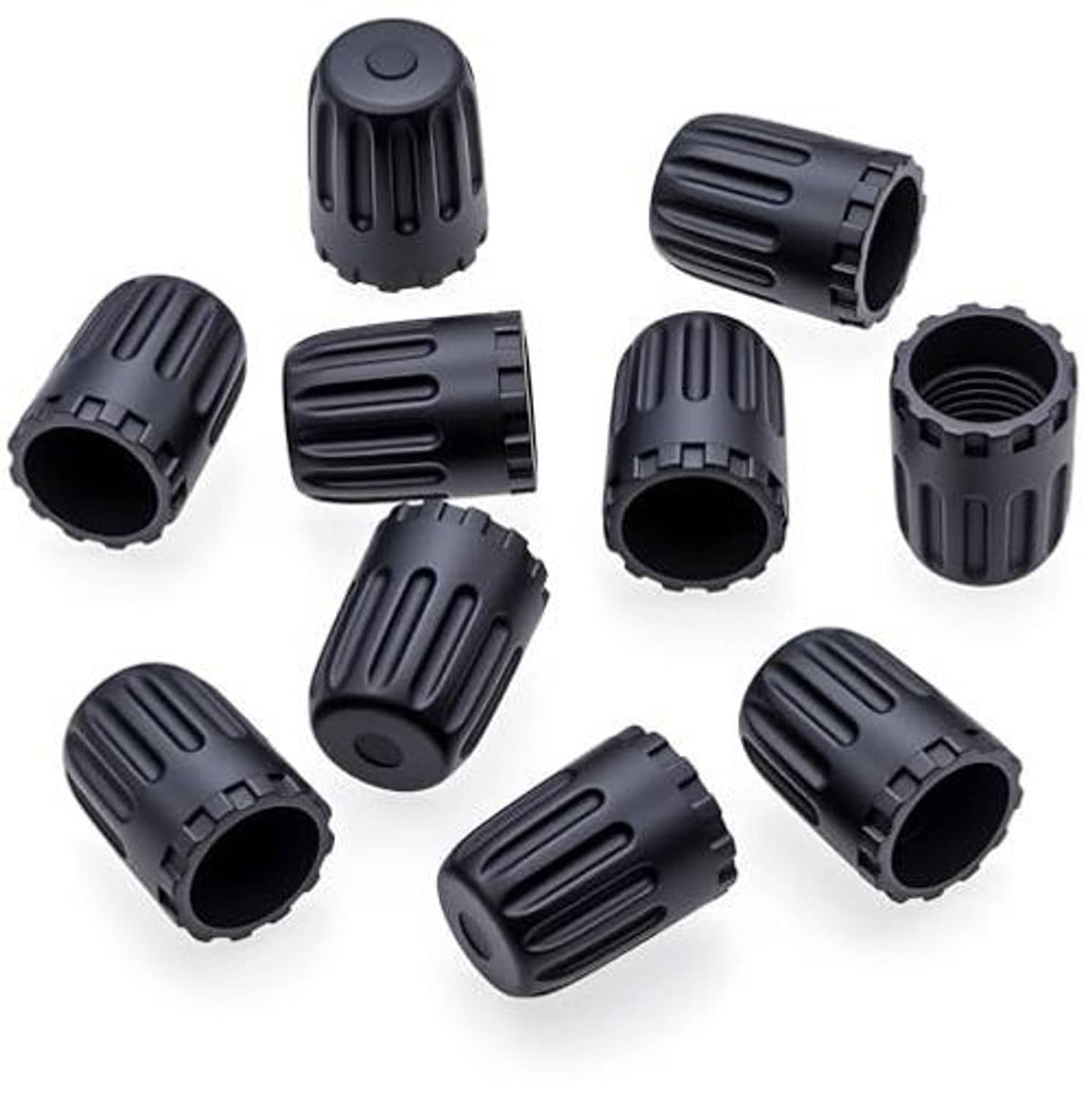 Assorted view of 10 black ribbed plastic tire valve stem caps for TPMS