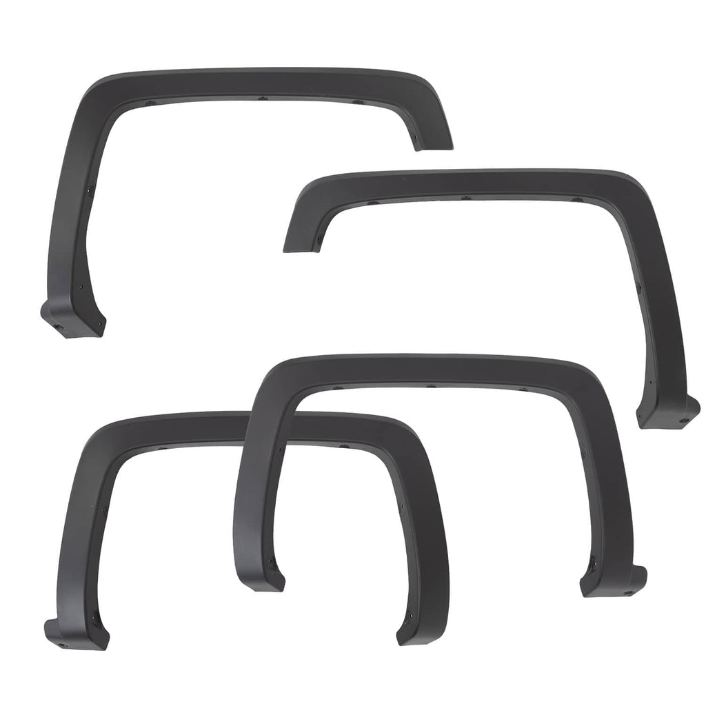 Set of black front and rear fender flares shown stacked for fitment overview