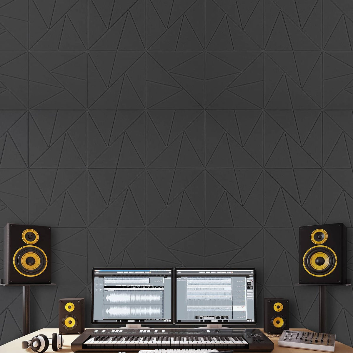 Acoustic wall panel set with gray geometric 3D texture for sound absorption