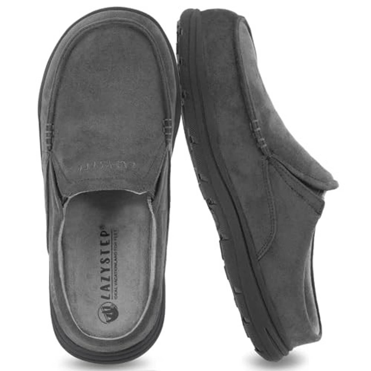 Men's slate grey cushioned clog slipper pair, moc-style stitching and slip-on collar