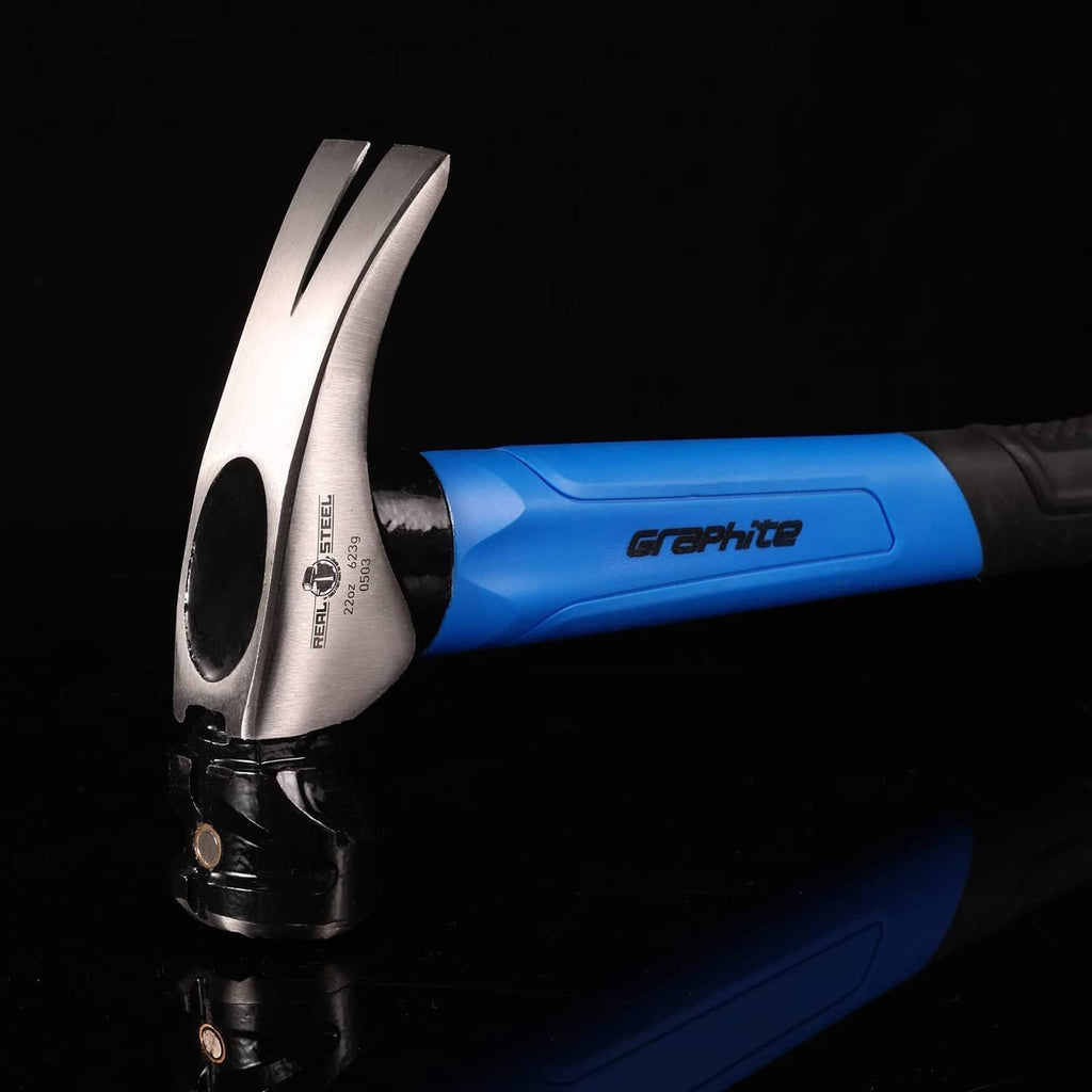 Graphite claw framing hammer with silver face and black magnetic nail starter head