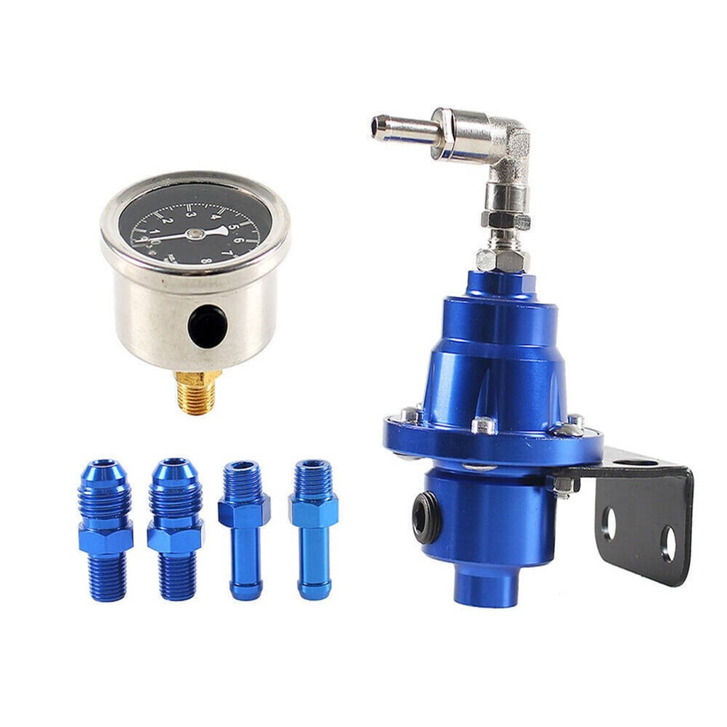 Blue adjustable fuel pressure regulator with oil pressure gauge and included blue threaded fittings