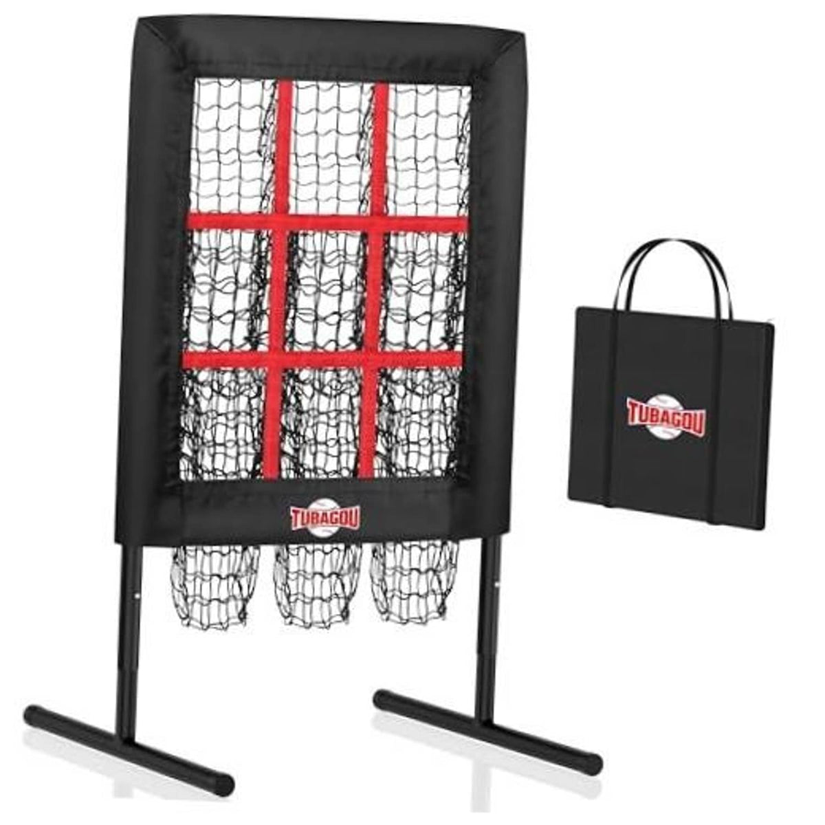 Black pitching net target with red strike zone grid and included stand