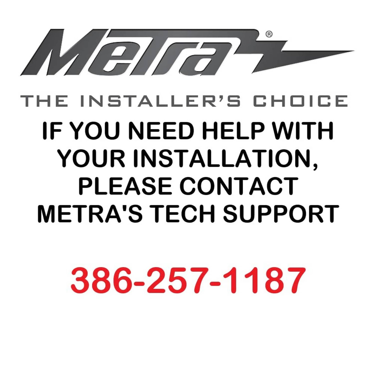 Metra installer contact information card with logo and phone number
