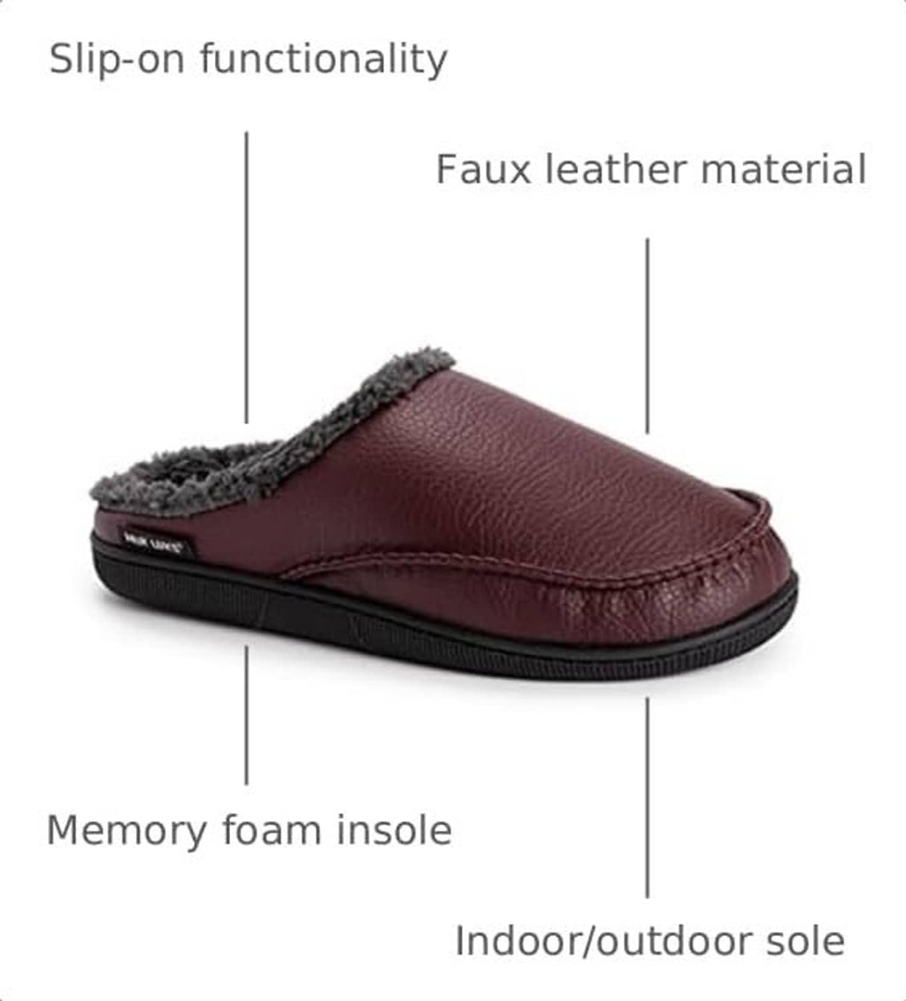 Faux leather slip-on clog with gray plush lining and black outsole