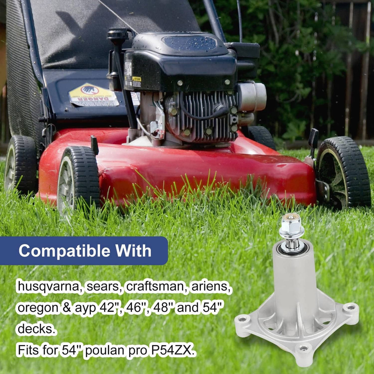 Silver mower spindle assembly with threaded shaft and mounting base
