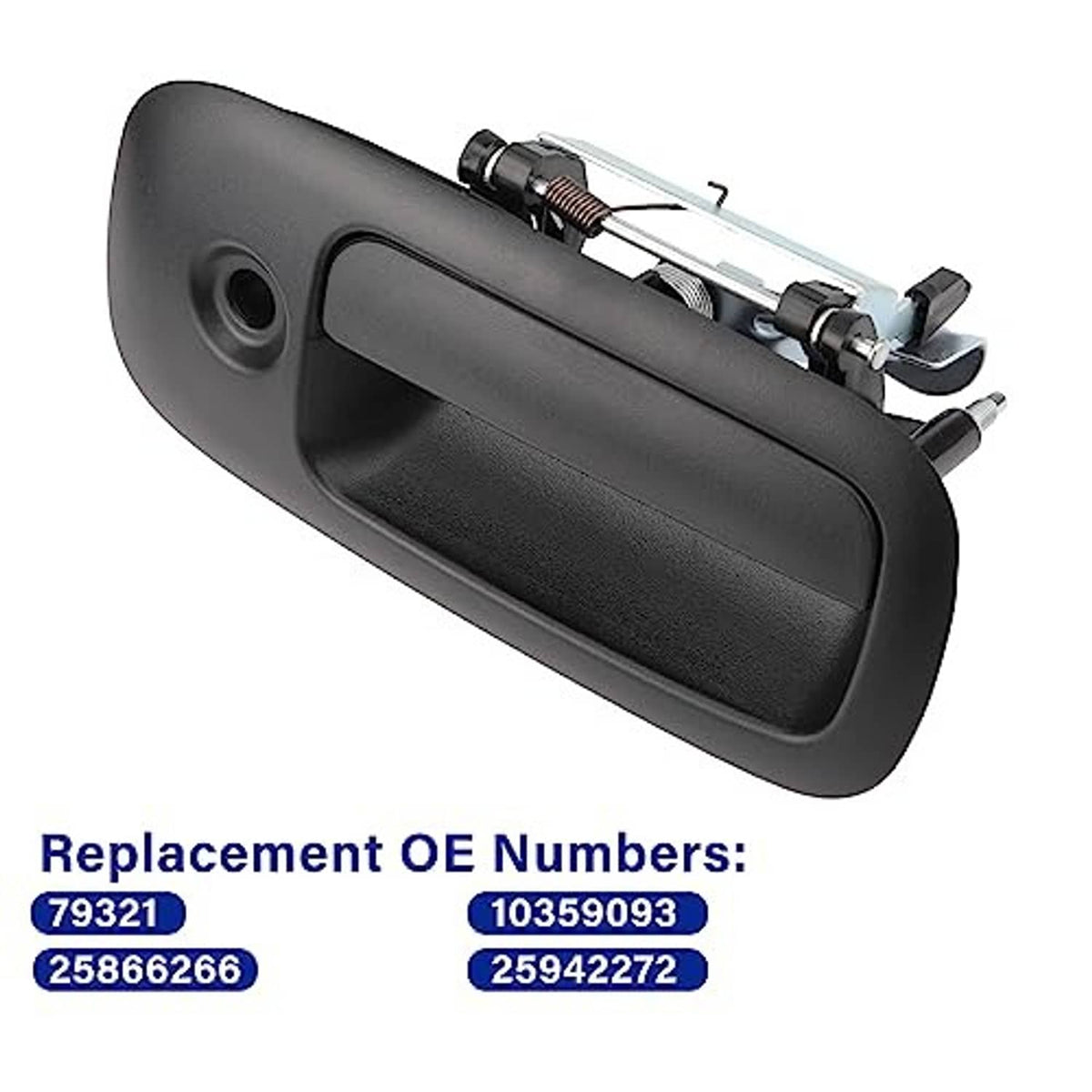 Side view exterior door handle with round key lock opening and textured grip recess.