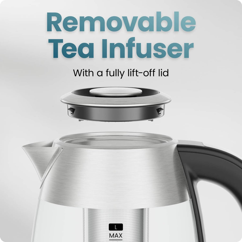 Electric kettle with removable tea infuser insert and lift-off lid, stainless and black.
