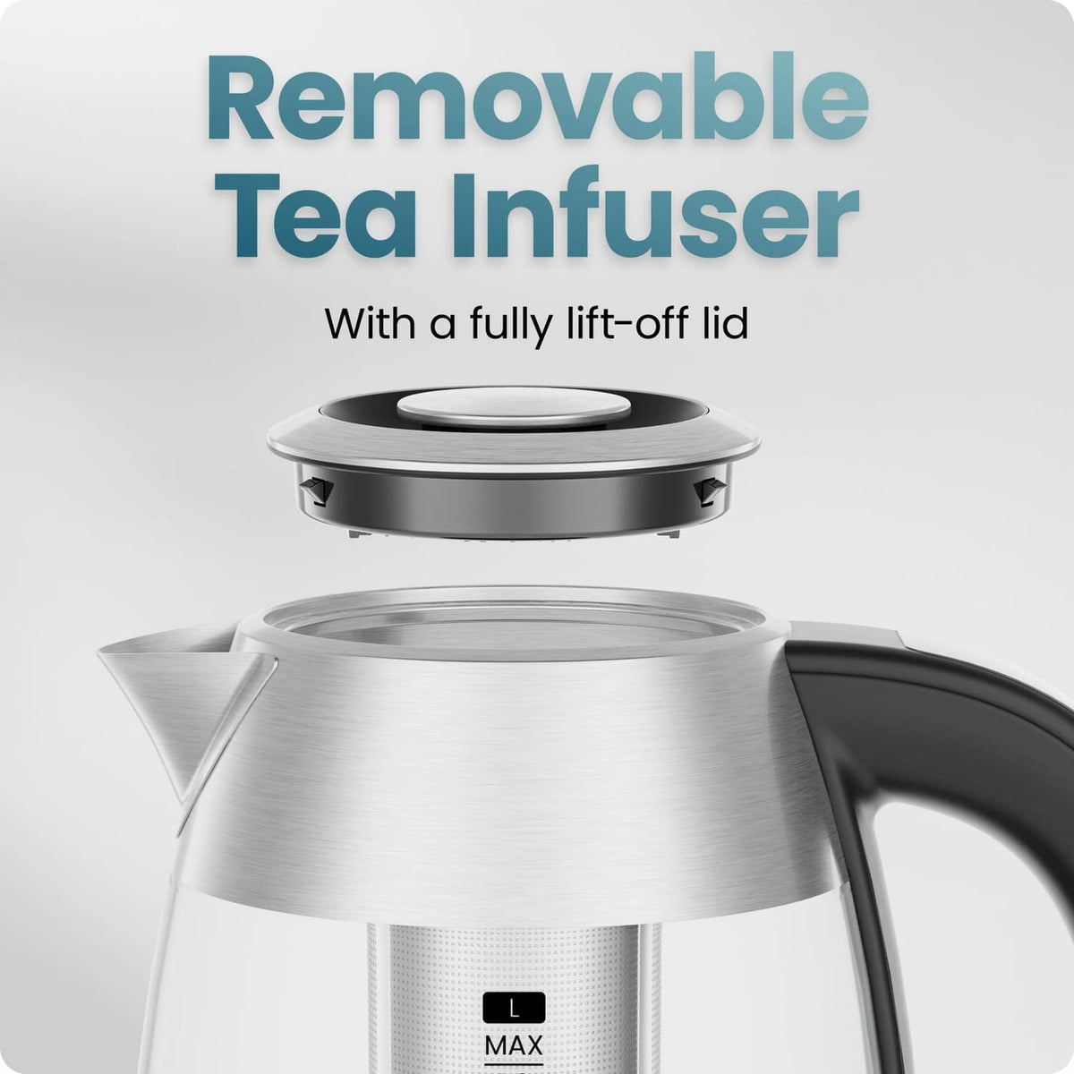 Electric kettle with removable tea infuser insert and lift-off lid, stainless and black.