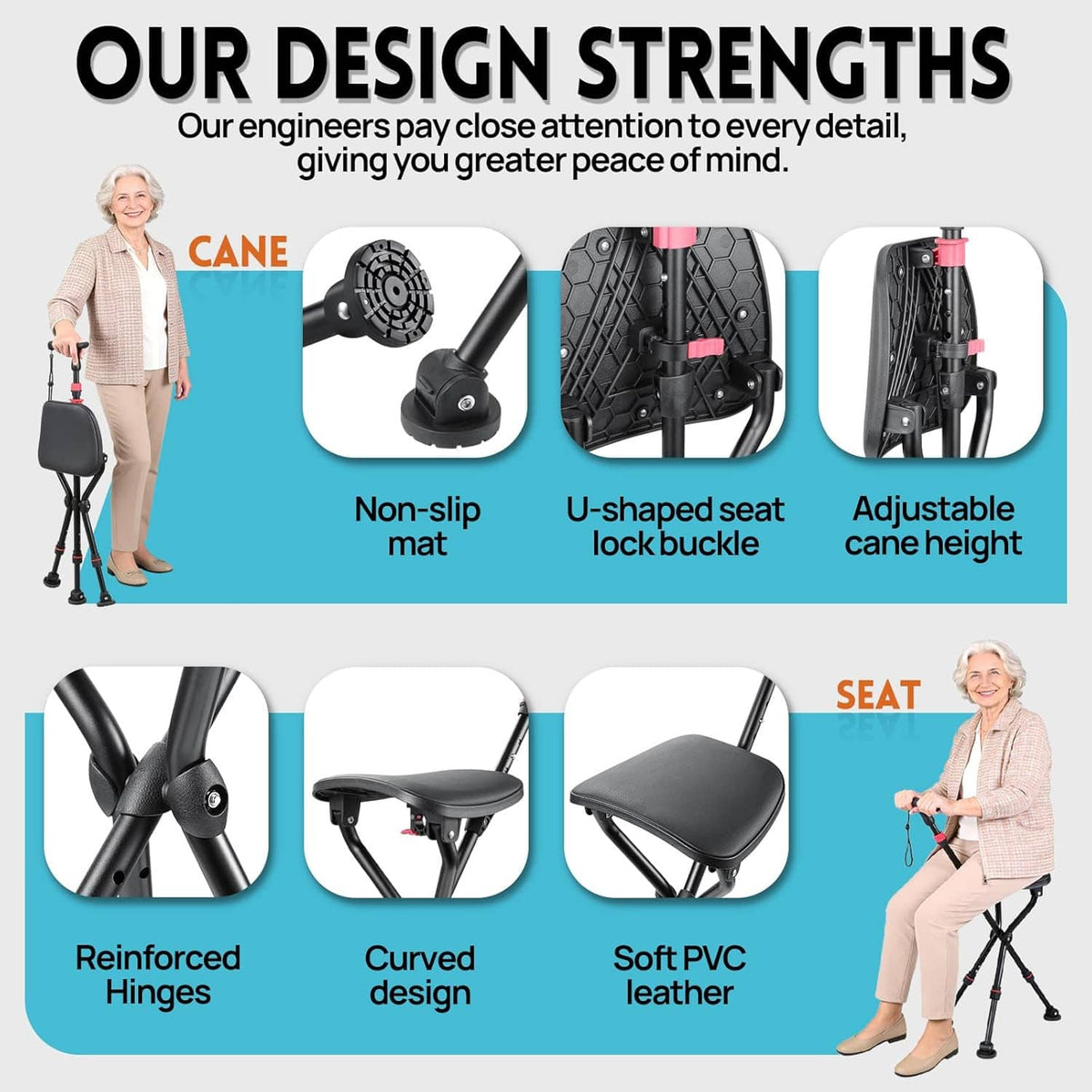 Folding cane chair with non-slip mat, U-shaped seat, and adjustable cane height