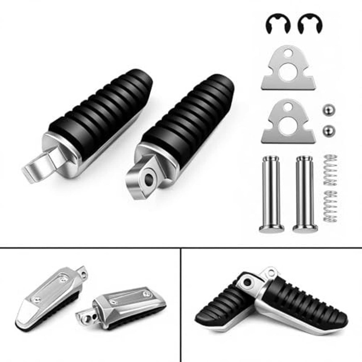 Pair of black folding rear foot pegs with silver bases; includes springs and pins
