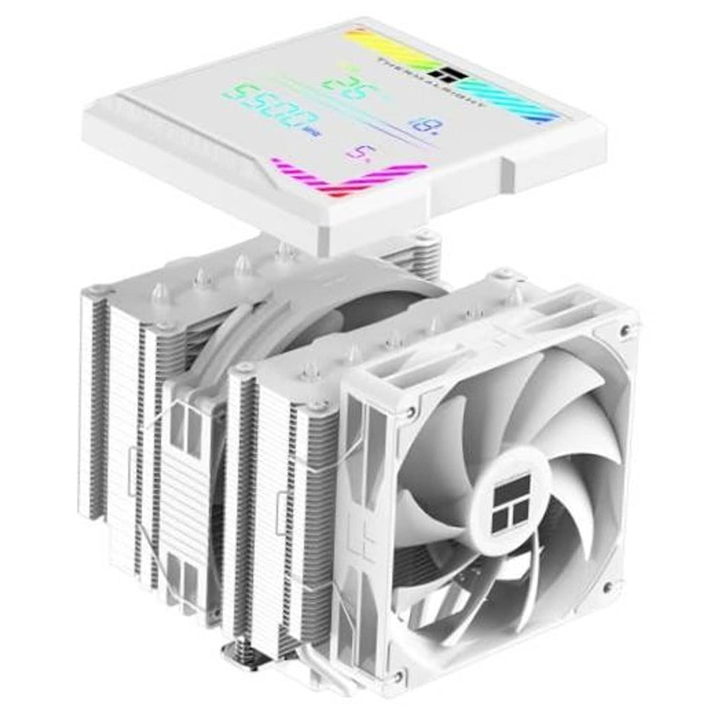 White tower CPU air cooler with dual fans, ARGB accents, and top digital display