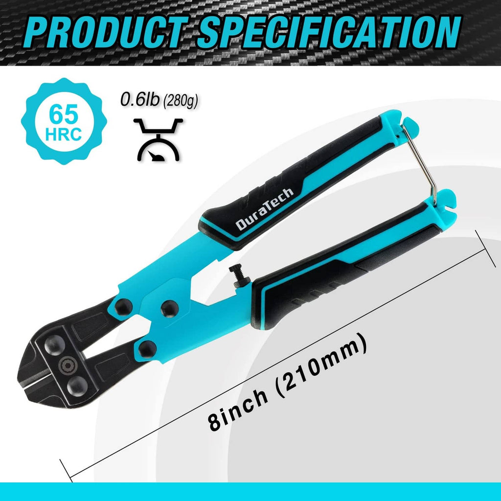 8-inch mini bolt cutter with turquoise frame and black drop-forged jaws