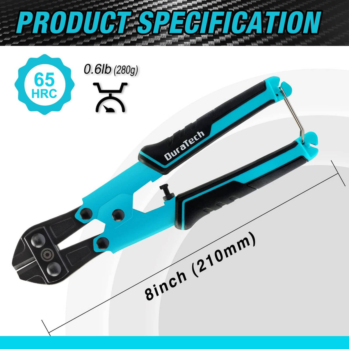 8-inch mini bolt cutter with turquoise frame and black drop-forged jaws