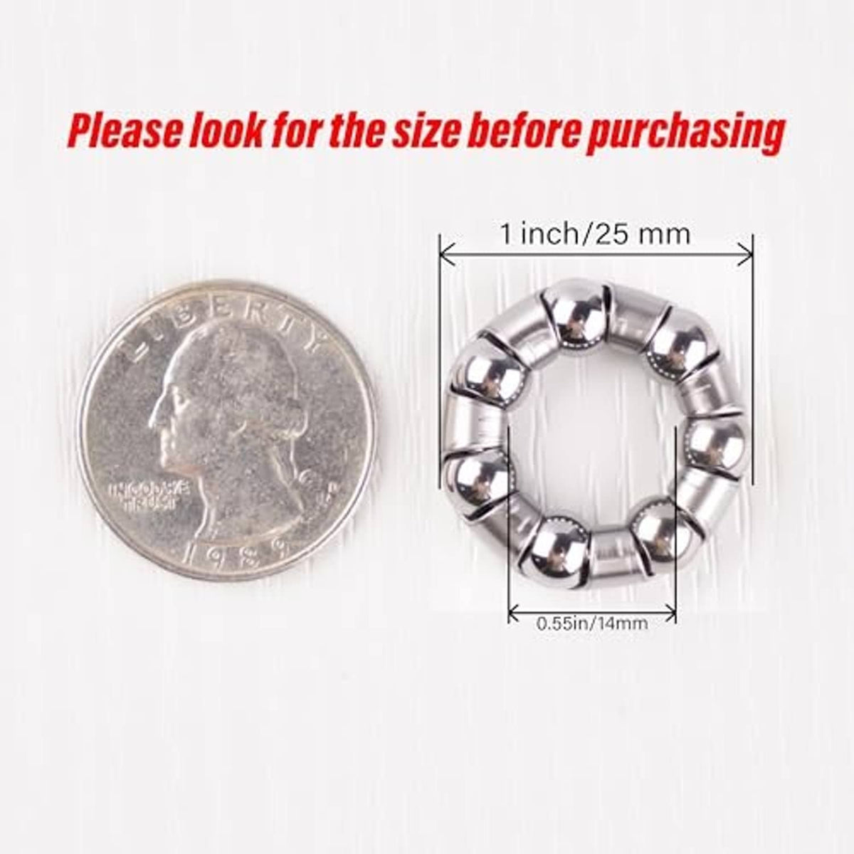Bike hub ball bearing ring with size guide in inches and millimeters