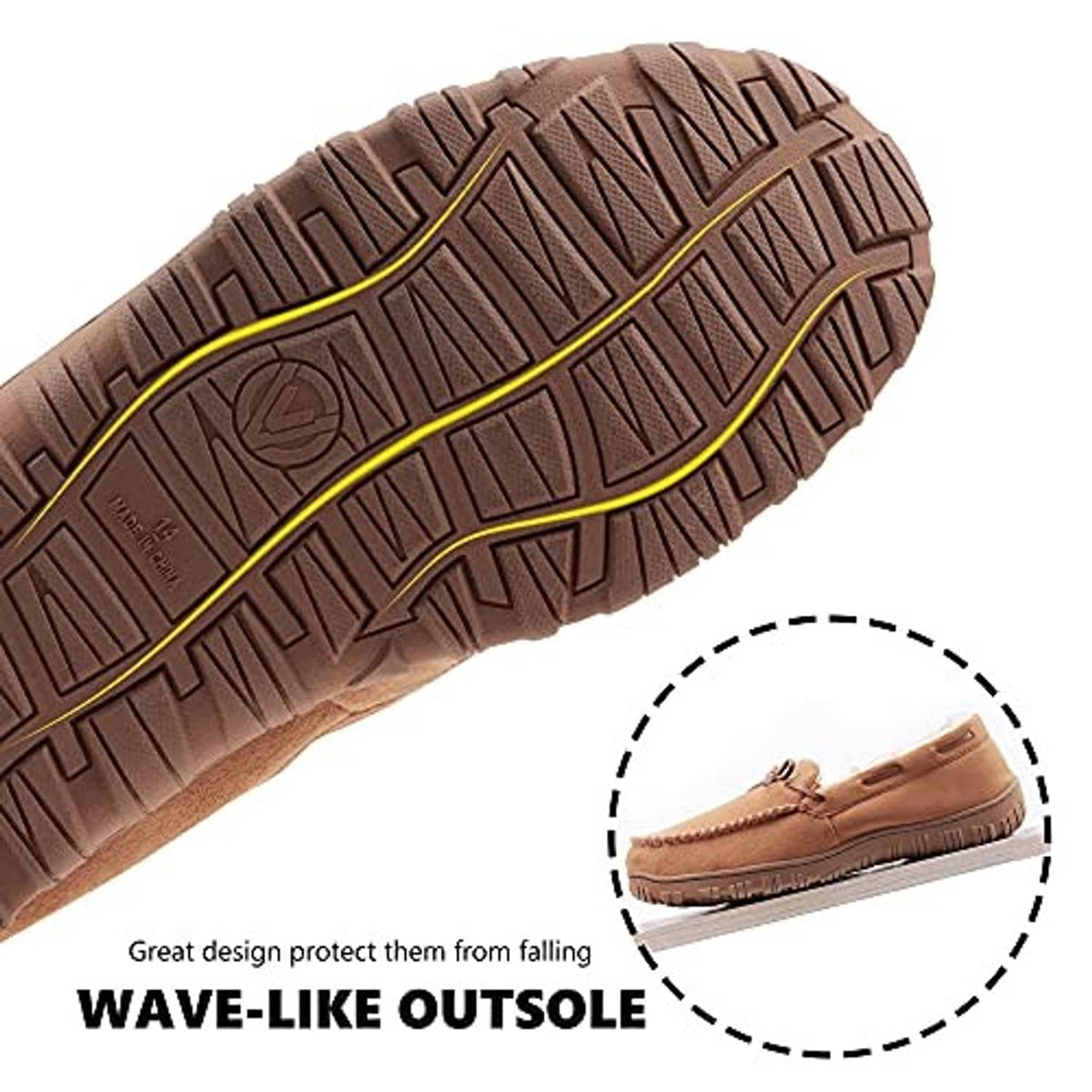 Men’s brown moccasin slipper outsole close-up with textured traction tread pattern