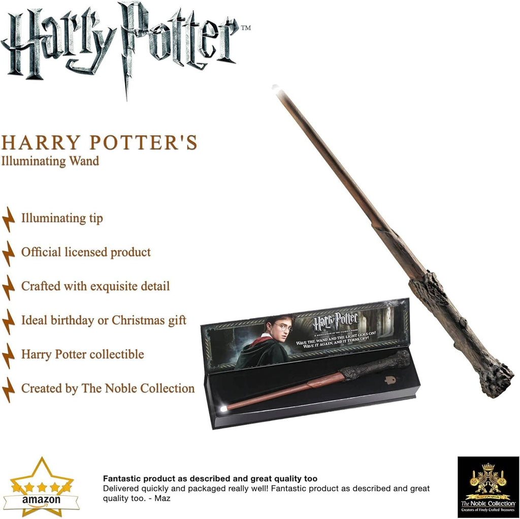 Harry Potter Illuminating Wand box with wand at an angle and feature text layout