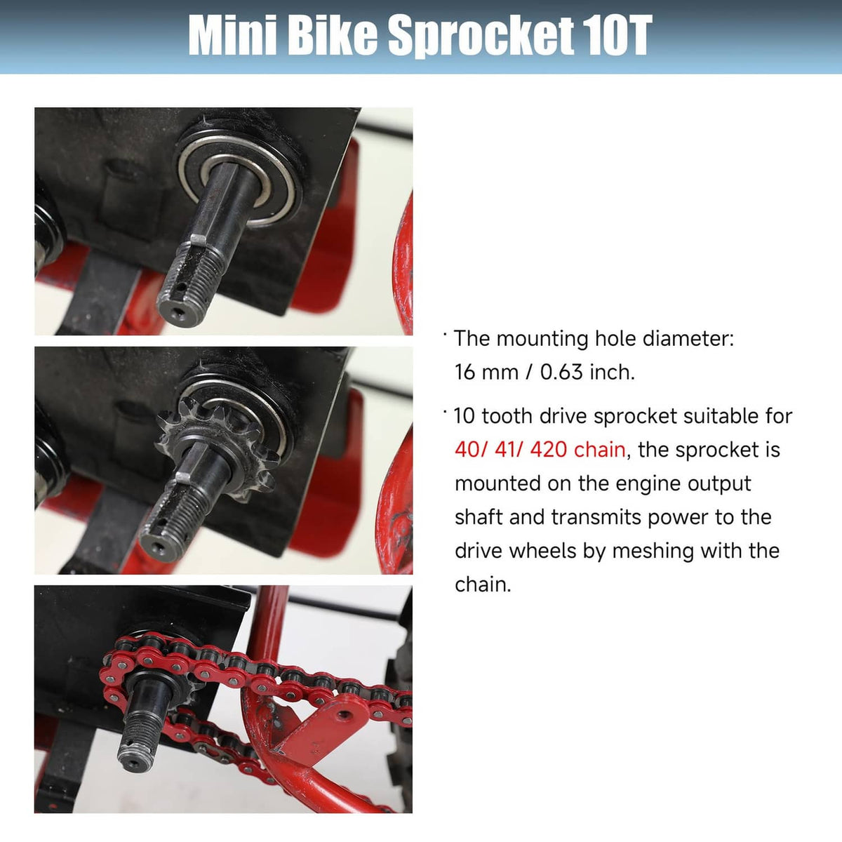 Mini bike chain breaker tool and red 420 chain sprocket engagement view