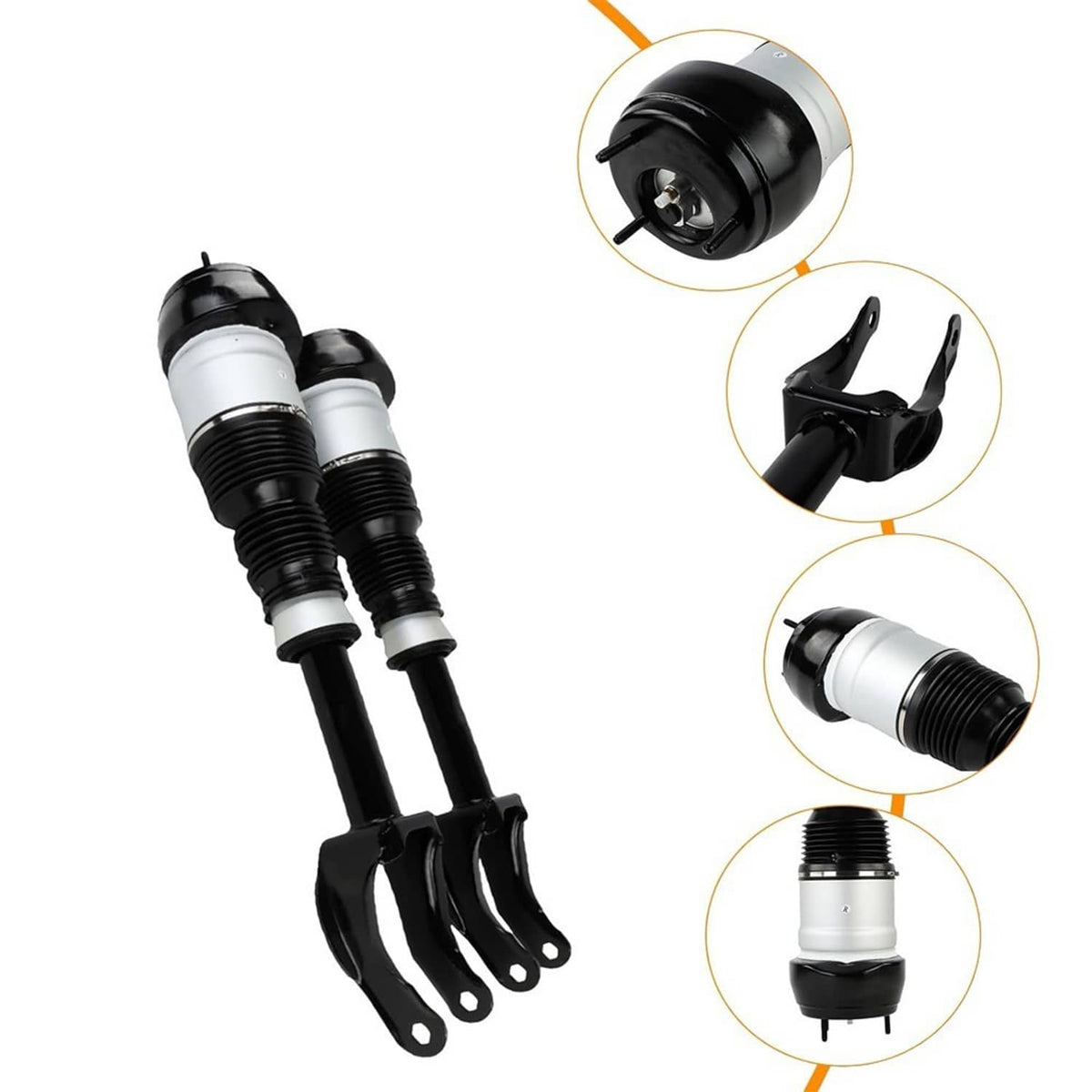 Pair of front air suspension shock struts with black bellows and silver upper housings