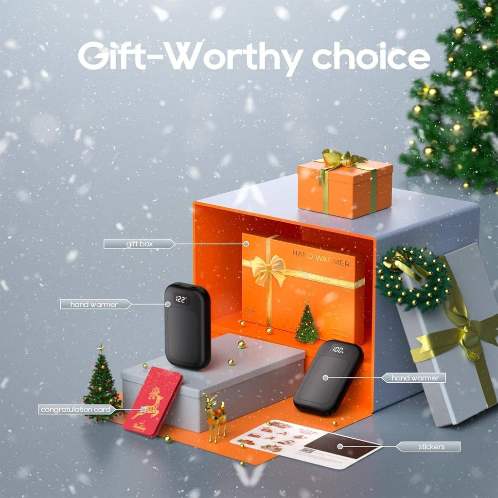 Black rechargeable hand warmers in gift-ready packaging with orange box