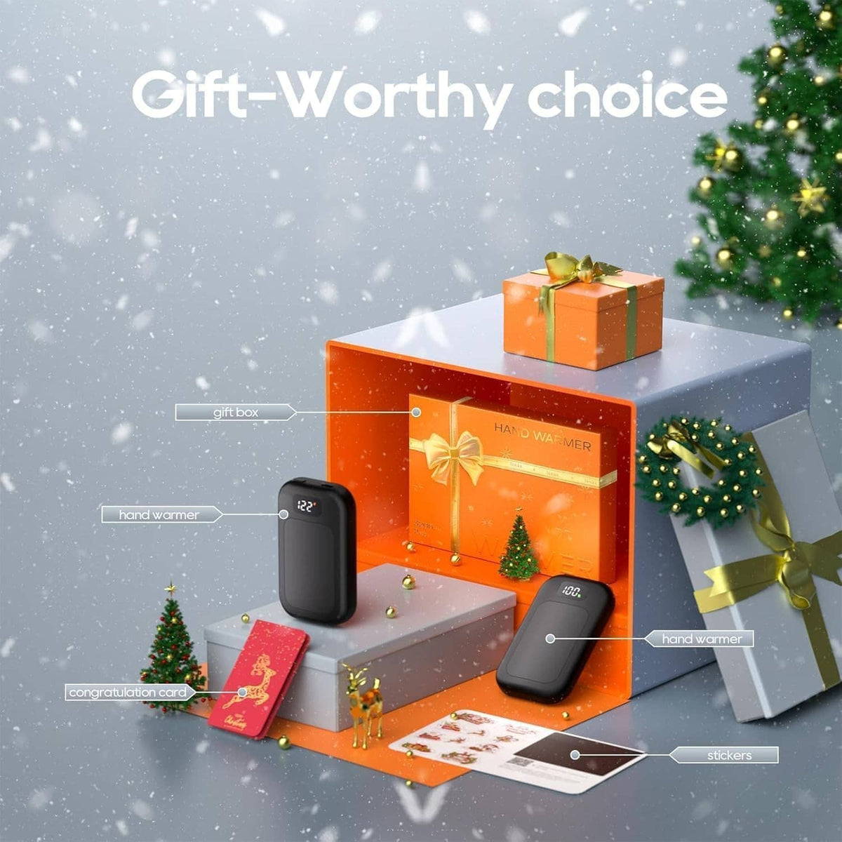 Black rechargeable hand warmers in gift-ready packaging with orange box