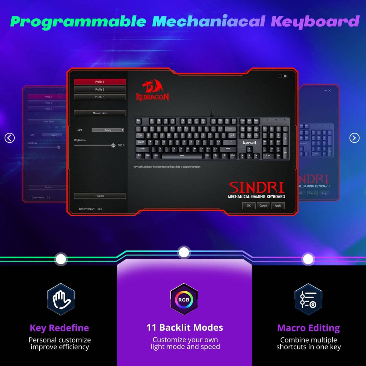 Mechanical gaming keyboard front view with black keys and RGB effects interface graphic.