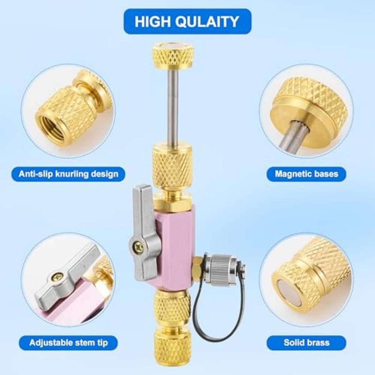Valve core removal tool with gold knurled grips, adjustable stem tip, pink body