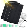 Three black solar panels with white wall mount, charging cable, and connector caps