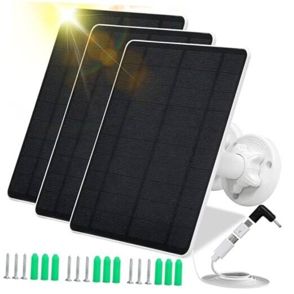 Three black solar panels with white wall mount, charging cable, and connector caps