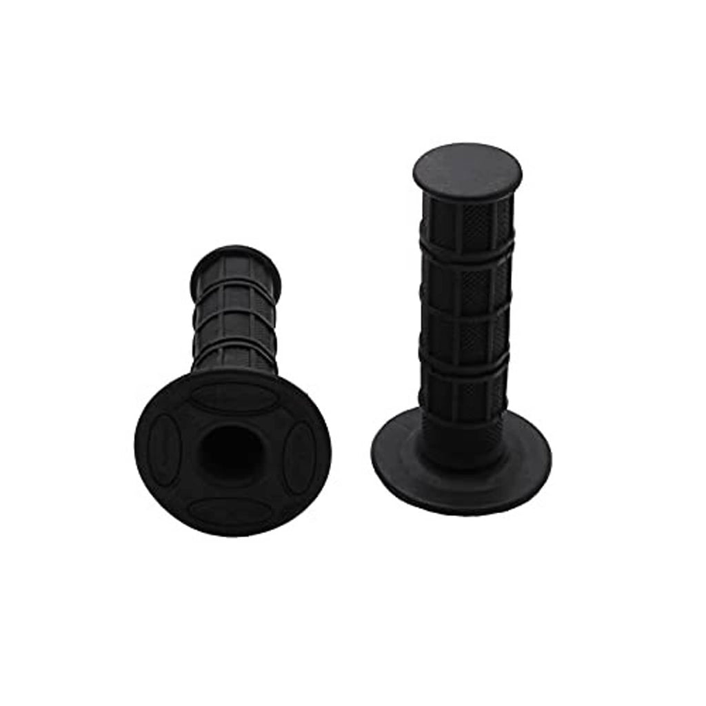 Black rubber motorcycle handlebar grips with thick base ends and ribbed center texture