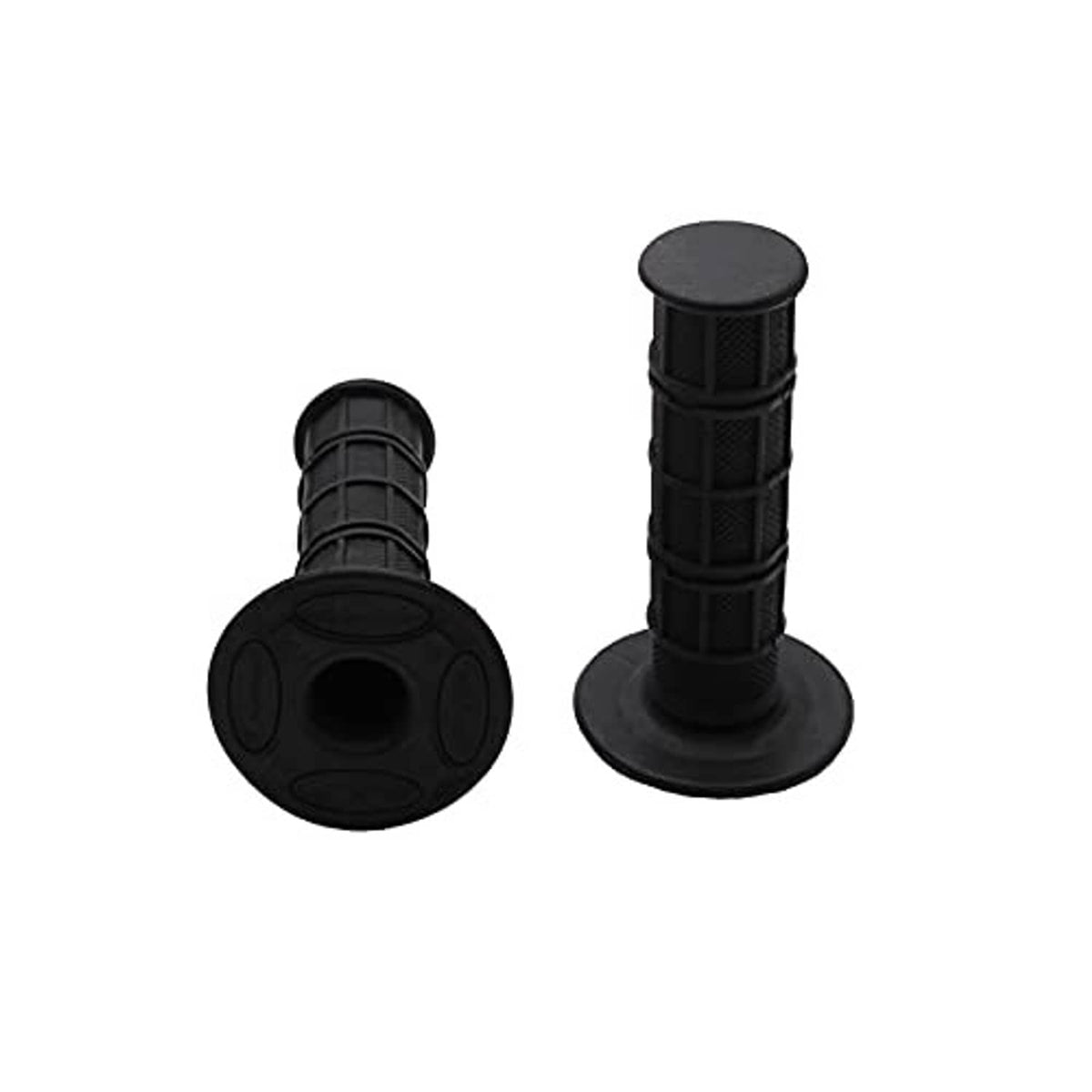 Black rubber motorcycle handlebar grips with thick base ends and ribbed center texture