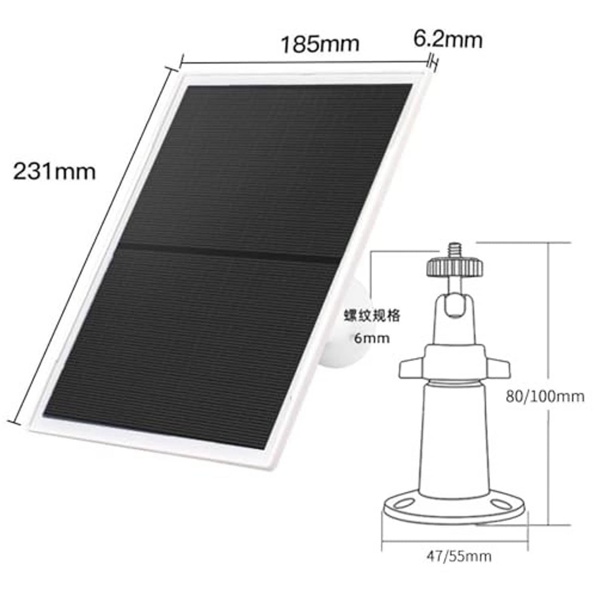 10W solar panel charger size diagram showing panel dimensions and mounting base