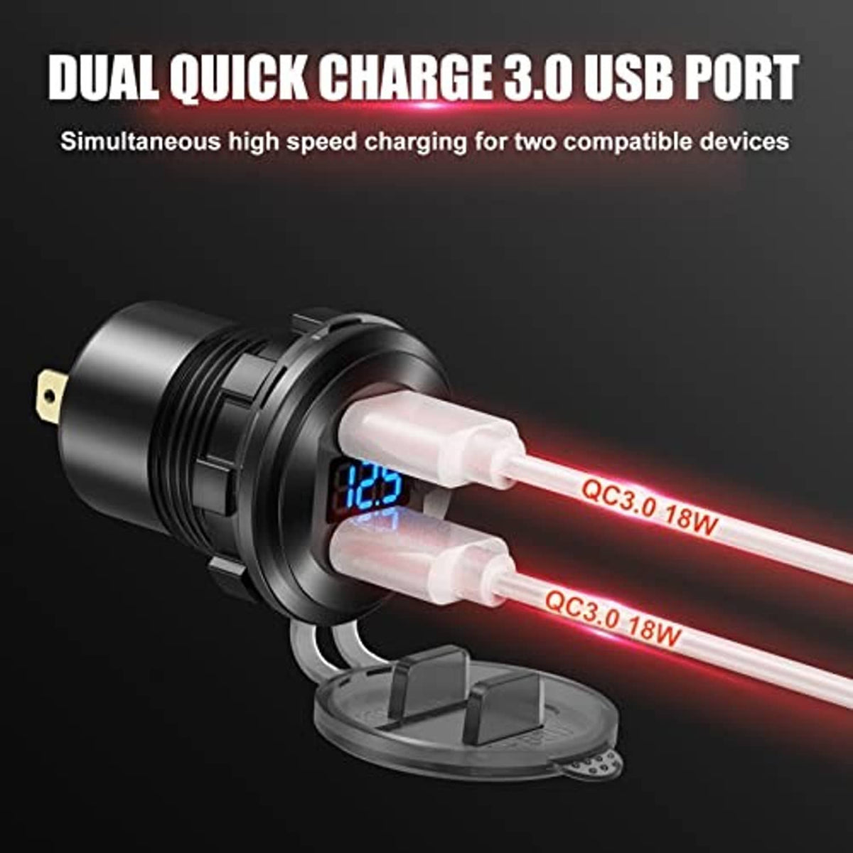 Dual quick-charge USB car charger with blue ports and two QC 3.0 output cables