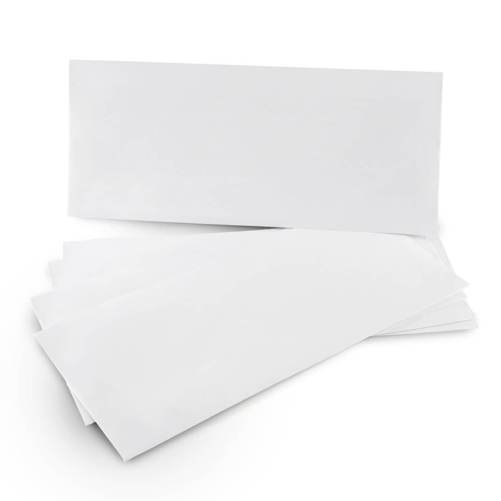 Stack of white no-window #10 security envelopes with folded flap, self-seal