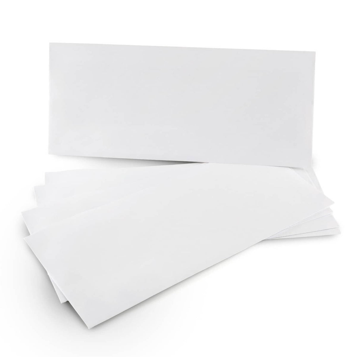 Stack of white no-window #10 security envelopes with folded flap, self-seal