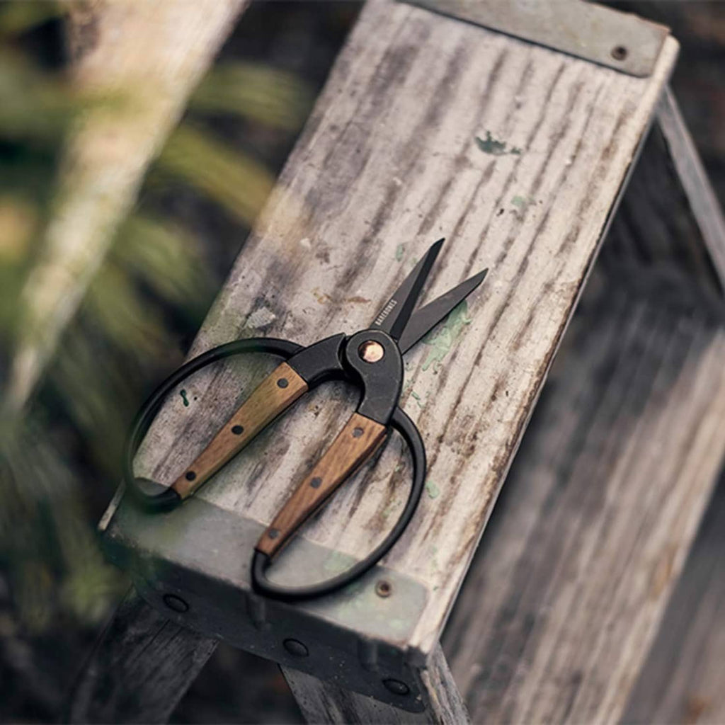 Garden shears with black and wooden handles lying on weathered wooden board.