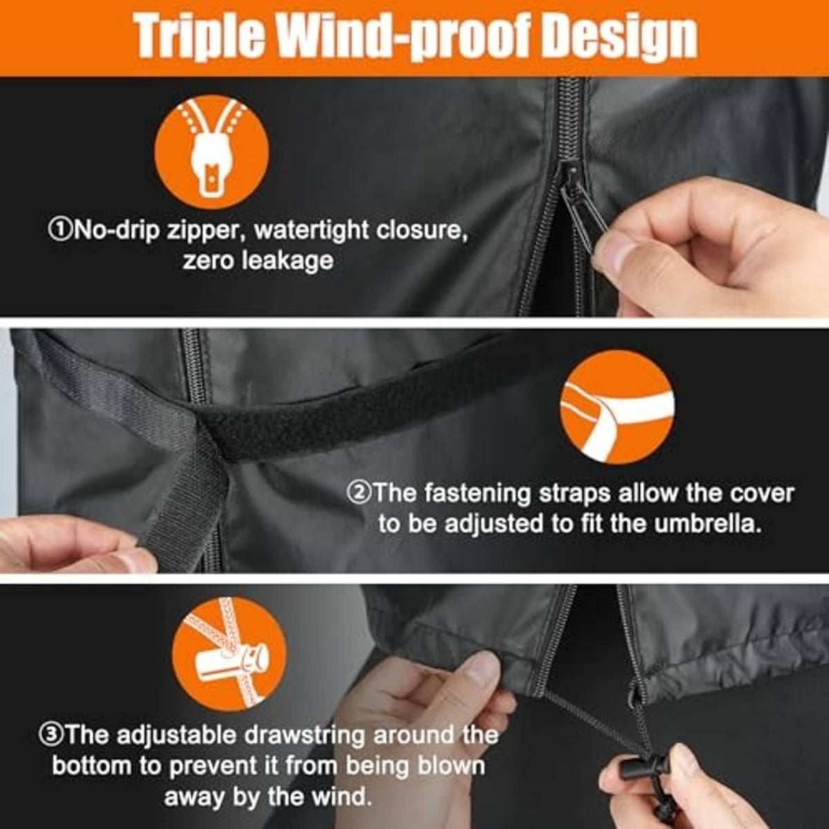 Black umbrella cover with zipper, fastener straps, and adjustable drawstring