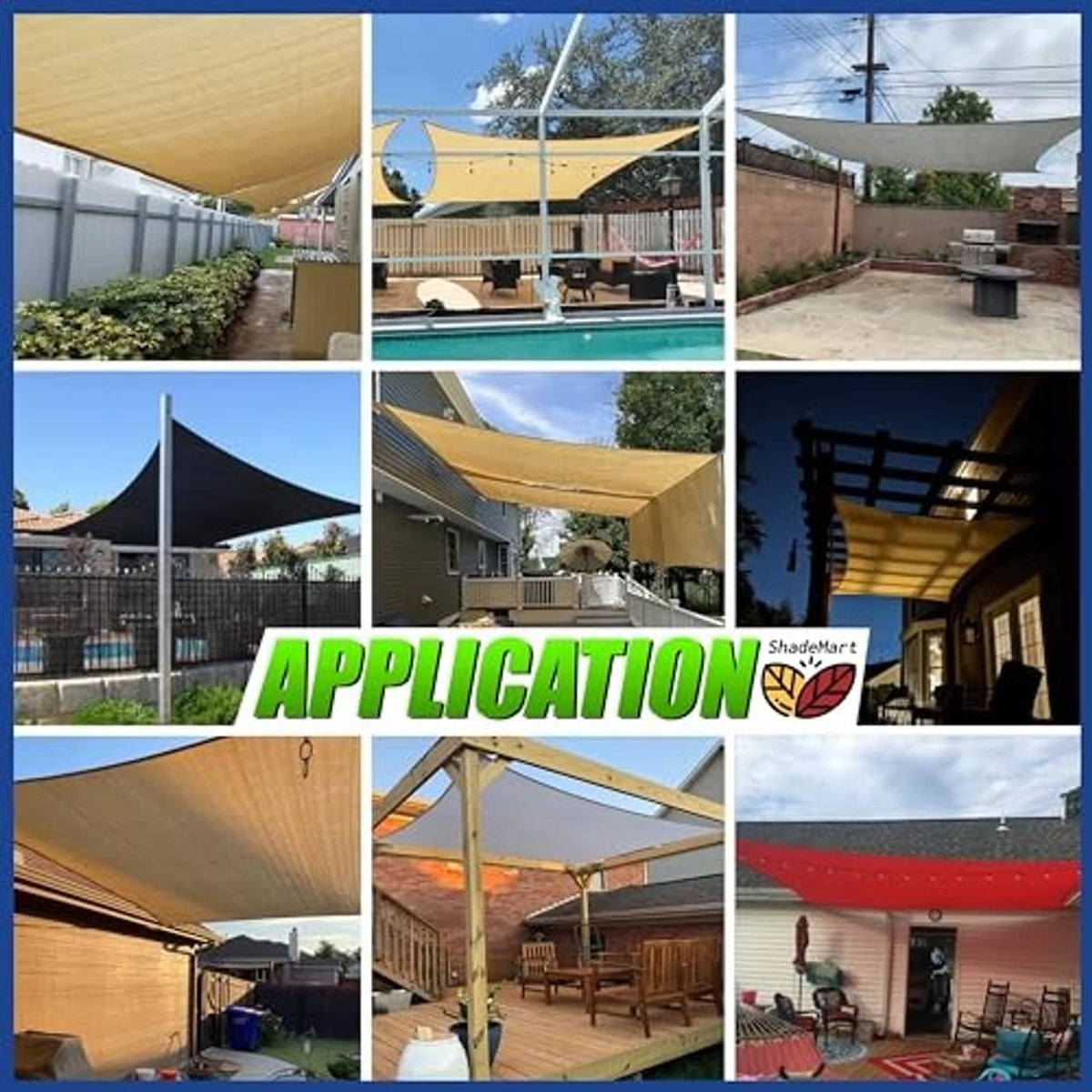 Tan shade sail canopy installed on poles in multiple outdoor setup views