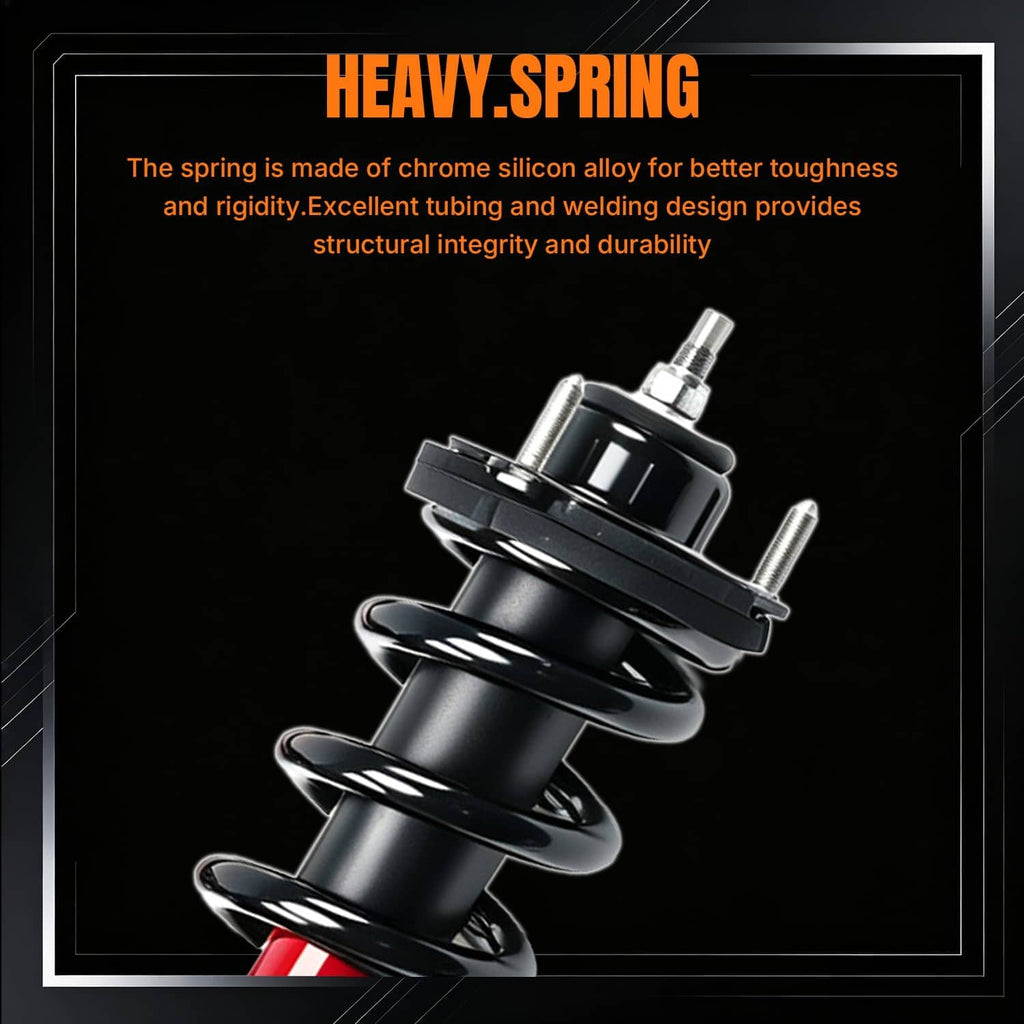 Front shock strut spring assembly with black spring and red shock body